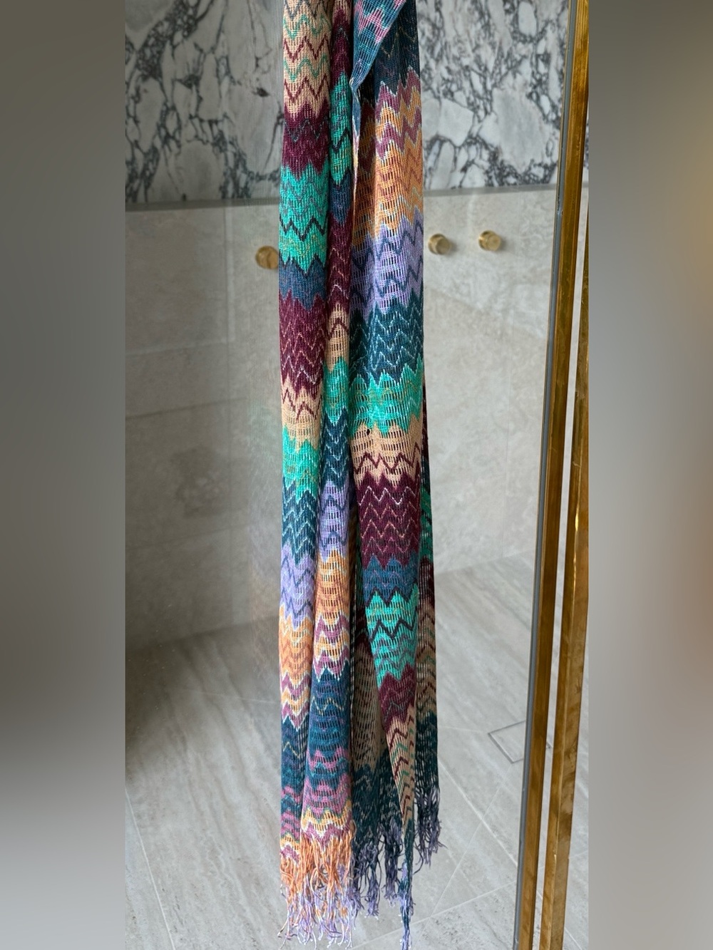 Missoni Zigzag Fringe Wool-Blend Scarf in Teal, Purple, Gold - Picture 4 of 4